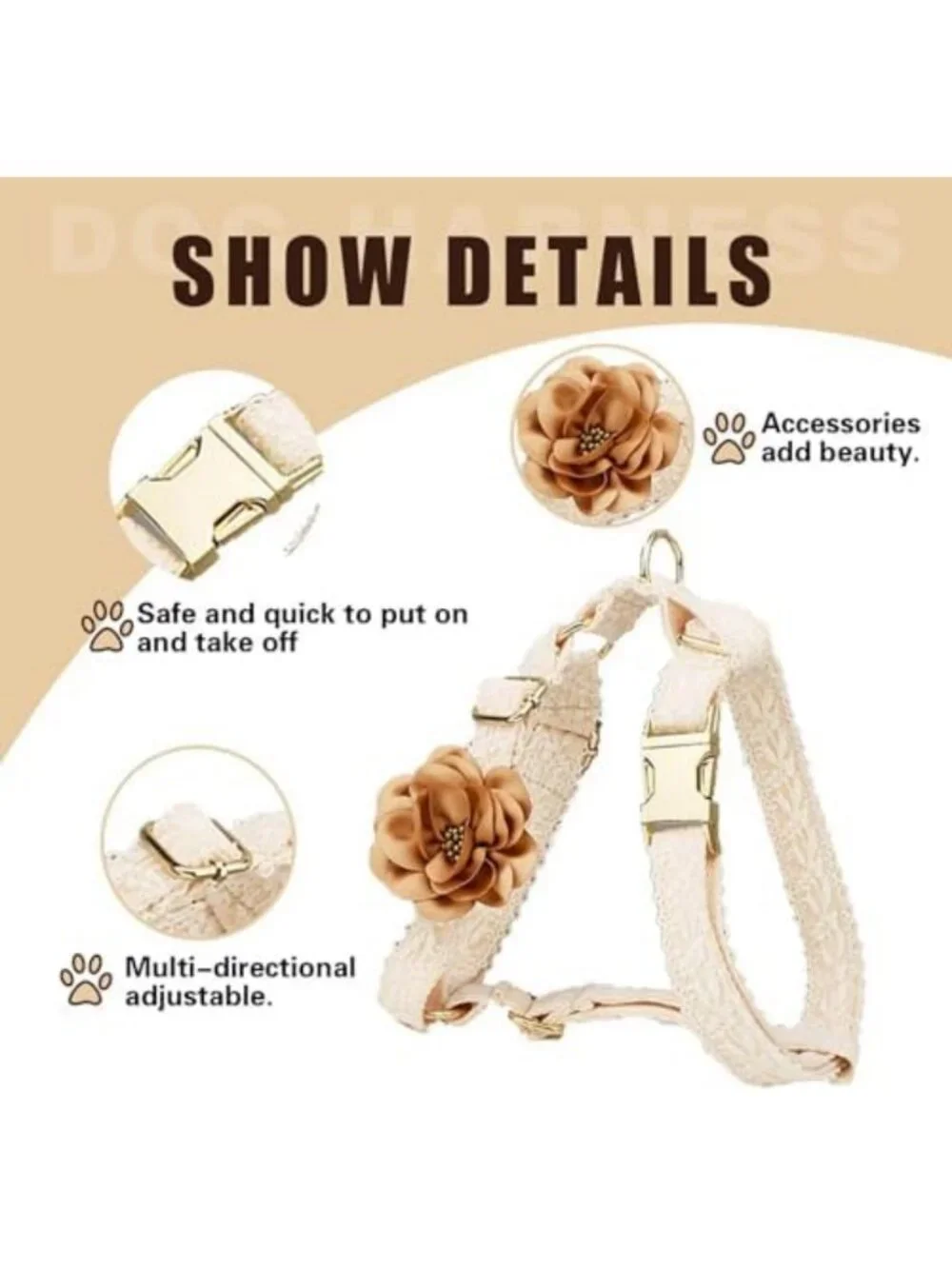 Adjustable White Lace Dog Harness & Leash Set for Girls - No Pull, Luxury Design